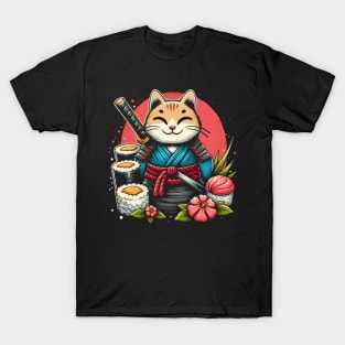 Happy Samurai Sushi Cat | Women’s Kawaii Japanese Cat Lover T-Shirt